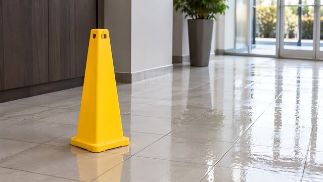 Bright yellow caution cone standing on a shiny wet floor in a modern office building lobby area