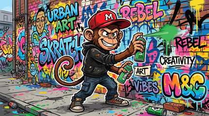 Urban graffiti monkey character with spray paint cans, cool street art monkey illustration on brick wall background, hip hop chimpanzee vector © Iconify Studio