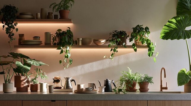 Kitchen countertop with various potted plants on it. the countertop is made of light-colored wood and has a sink with a gold faucet.