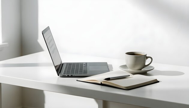 Laptop, open notebook with pen, and coffee cup on white desk