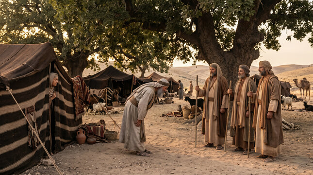 Three mysterious men (angels) visiting Abraham and Sarah by the oaks of Mamre to announce the birth of Isaac
