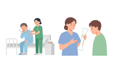 Fototapeta premium Doctor explaining bone fracture and nurse comforting patient in hospital vector set