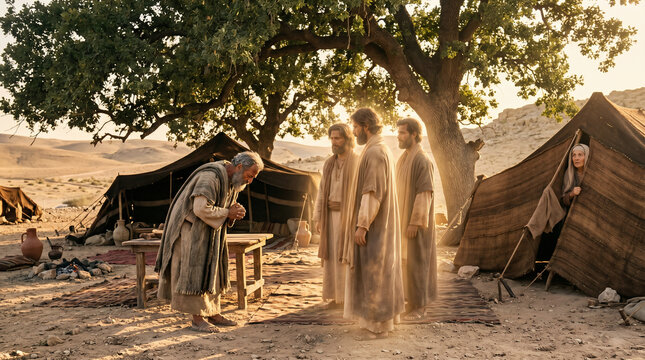 Three mysterious men (angels) visiting Abraham and Sarah by the oaks of Mamre to announce the birth of Isaac