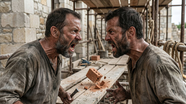 The confusion of languages at the Tower of Babel. Ancient builders suddenly unable to understand each other, abandoning the massive project