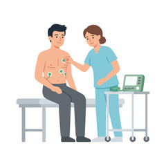 Fototapeta premium Female nurse placing ecg sensors on male patient chest in clinic vector illustration
