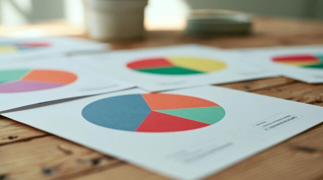 Wooden table with several papers scattered on it. each paper has a colorful pie chart on it, with different colors representing different sections of the pie chart.