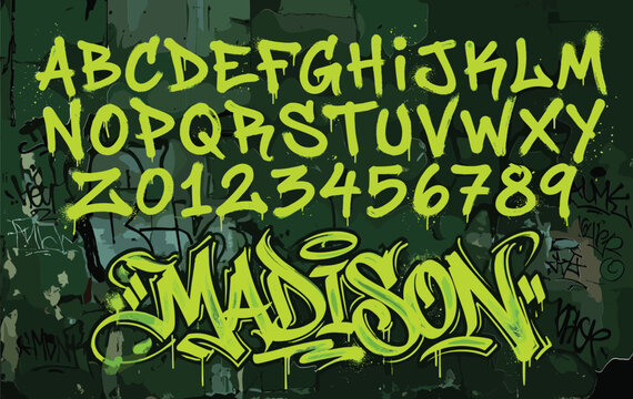 Graffiti alphabet vector set, lime green street art font with numbers, urban spray paint typography on dark wall background, hip hop lettering