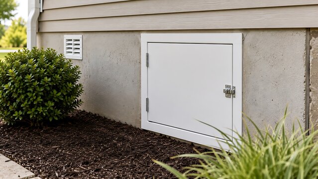 A white metal crawl space access door installed on the concrete foundation of a residential house exterior