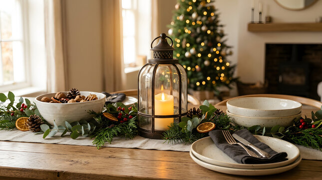 Festive rustic Christmas dining table setup with lantern candle foliage pine cones and decorated tree
