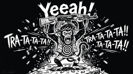 Aggressive monkey soldier vector illustration, angry chimpanzee holding assault rifle with flying bullets, black and white comic style street art © Iconify Studio