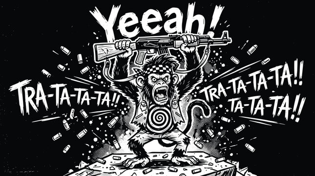 Aggressive monkey soldier vector illustration, angry chimpanzee holding assault rifle with flying bullets, black and white comic style street art