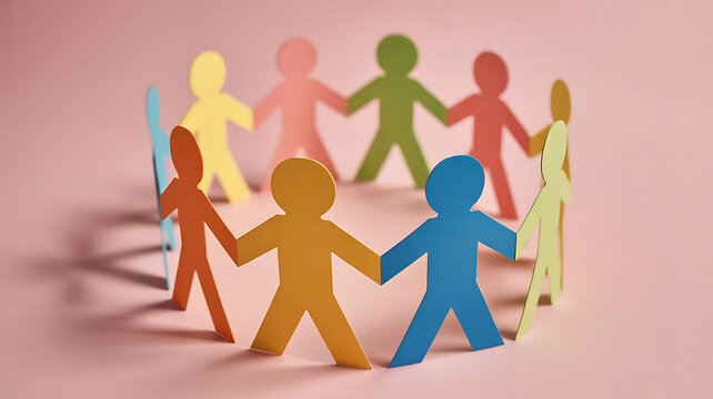 Colorful paper cutout people holding hands in circle formation transparent background