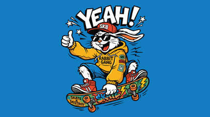 Cool skateboarding rabbit character in streetwear, urban bunny skater vector illustration, retro cartoon animal on skateboard eps © Iconify Studio