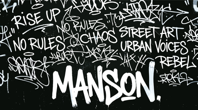 Urban graffiti wall background with white hand-drawn tags, street art lettering on black texture, chaotic rebel protest typography vector
