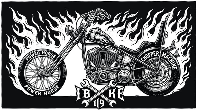 Vintage chopper motorcycle vector illustration, custom biker machine with fire flames, retro garage workshop emblem with crossed wrenches