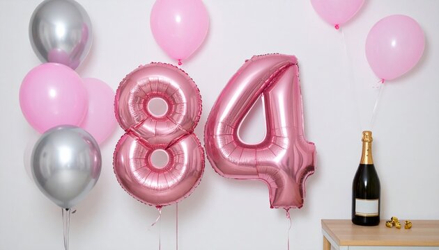 Pink Number 84 Balloon with Champagne Bottle Celebration Setup