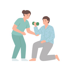 Obraz premium Physiotherapist helping male patient doing arm exercise with dumbbell for physical rehabilitation