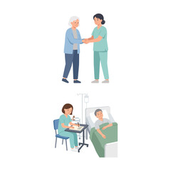 Obraz premium Healthcare workers caring for elderly patients in a hospital and rehabilitation center