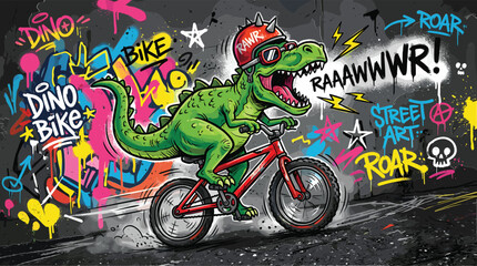 Graffiti street art dinosaur riding a bicycle, cool T-Rex on red bike with helmet, urban skate park mural vector, edgy roar typography design © Iconify Studio