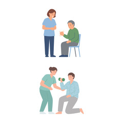 Fototapeta premium Physical therapy vector illustration with senior patient exercising and recovering