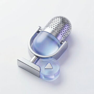 Premium 3D minimalist live streaming broadcast microphone icon on white background, abstract digital media influence audio podcasting and content creator entertainment concept, AI generated