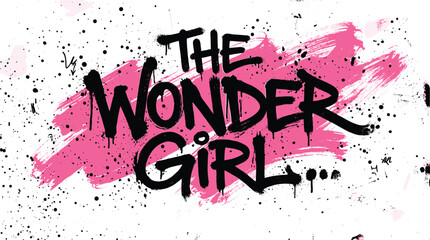 Graffiti style The Wonder Girl text art, urban street art typography with pink paint brush strokes, edgy black spray paint lettering vector © Iconify Studio