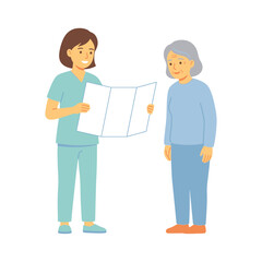 Fototapeta premium Female nurse in medical scrubs explaining treatment options or a brochure to an elderly woman patient