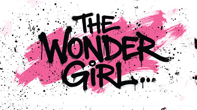 Graffiti style The Wonder Girl text art, urban street art typography with pink paint brush strokes, edgy black spray paint lettering vector