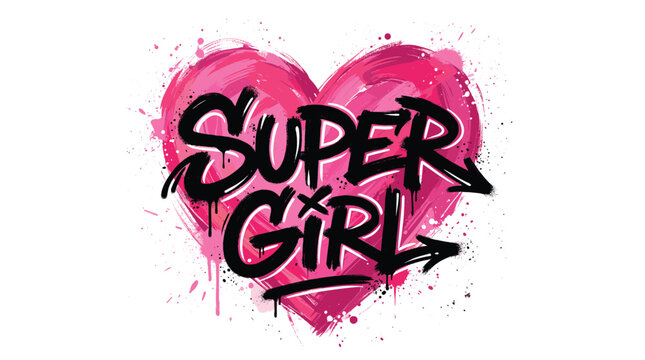 Graffiti style super girl text on pink heart, urban street art vector illustration, spray paint splash and drip effect for t-shirt design