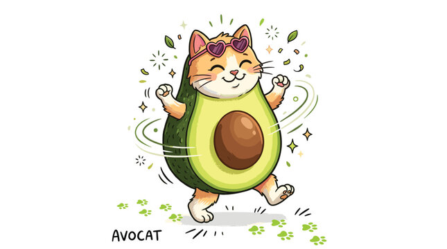 Kawaii avocado cat vector illustration, cute ginger kitten wearing avocado costume and sunglasses, funny avocat pun character design
