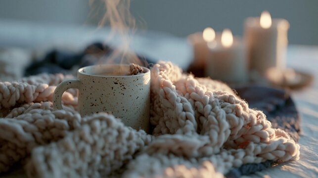 White mug with speckles on it, sitting on top of a pile of knitted blankets. the blanket is made of a soft, fuzzy material and appears to be made of wool or a similar material.