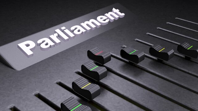 Parliament label on audio mixing console, professional sound board with faders for political broadcasting, government debate audio control