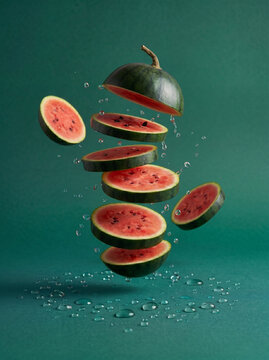 Fresh summer fruit concept illustration with floating watermelon slices and liquid splash, healthy food background