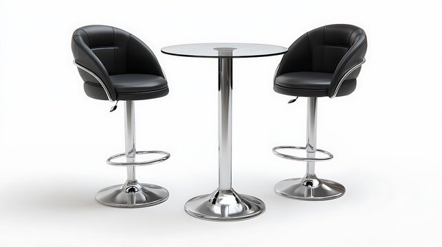 Modern Black Bar Stools and Glass Table Isolated on White Background
