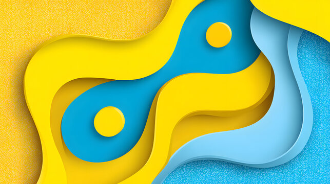 Abstract Paper Cut Style Background with Organic Fluid Shapes and Layers in Yellow and Blue Textured Design