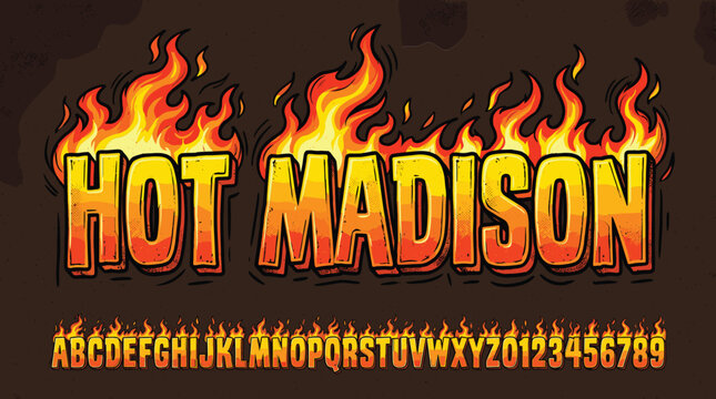Flaming alphabet vector font with fire effect, hot Madison text style, burning orange comic letters and numbers for racing or barbecue posters