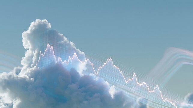 Digital illustration of a cloud with a line graph on it. the line graph is in the shape of a triangle and is made up of multiple lines that form a wave-like pattern.
