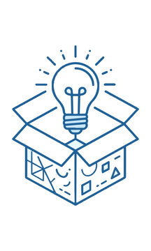 Isometric line art icon of an open box with a lightbulb symbol on a white background representing a new idea and innovation concept