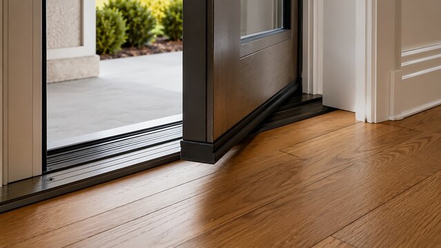 A view from inside a house looking out through an open front door onto a sunny patio