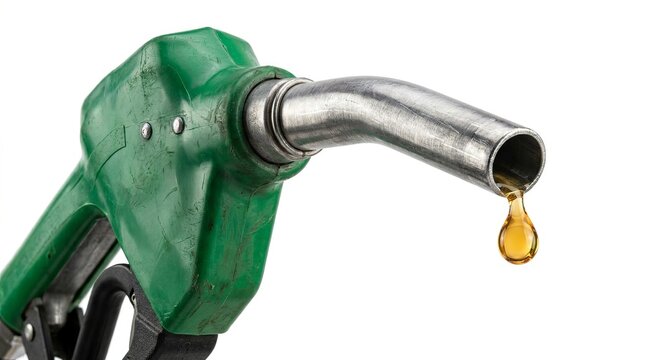 Green Fuel Pump Nozzle with Gasoline Drop Dripping on White Background