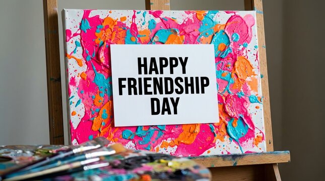 Happy Friendship Day Greeting Card on Colorful Artistic Canvas with Paint Splatters