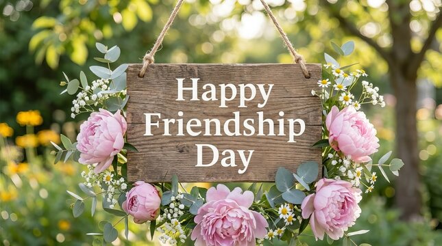 Happy Friendship Day Wooden Sign with Pink Peonies and Floral Wreath in a Garden