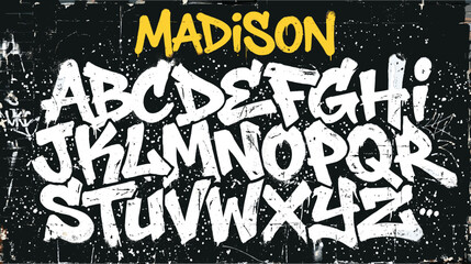 Graffiti alphabet Madison font vector. Urban street art letters on black grunge background. Hand drawn spray paint typography set. © Iconify Studio