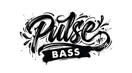 Graffiti style Pulse Bass typography vector, hand drawn urban street art lettering, black ink splash music logo design on white background © Iconify Studio