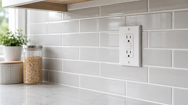 Modern kitchen wall featuring a white electrical outlet installed on a light grey subway tile backsplash