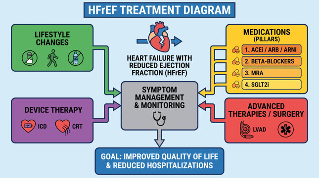Heart Failure With Reduced Ejection Fraction HFrEF Treatment Diagram