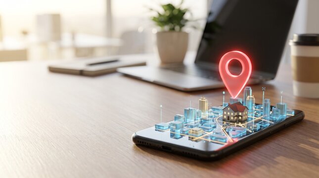 3D Smartphone Displaying City Map and Location Pin