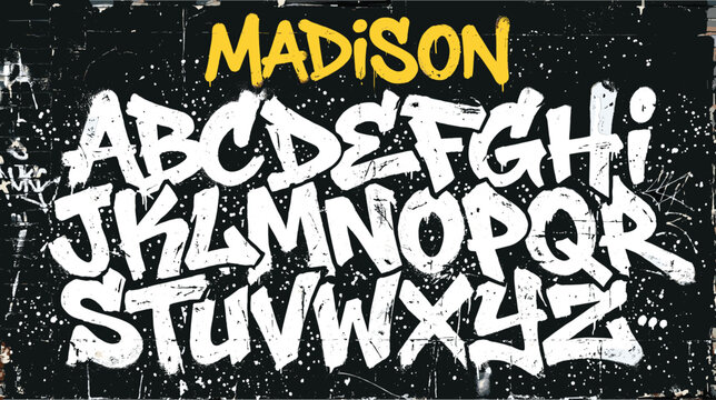 Graffiti alphabet Madison font vector. Urban street art letters on black grunge background. Hand drawn spray paint typography set.