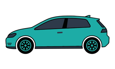 Fototapeta premium Minimalist side profile icon of a sleek electric hatchback car with bold flat colors on a white background, modern transportation concept