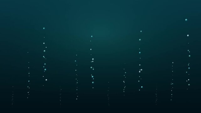 Underwater air bubbles rising in deep blue ocean water, aquatic oxygen bubbles floating to surface, dark teal sea background with bokeh light